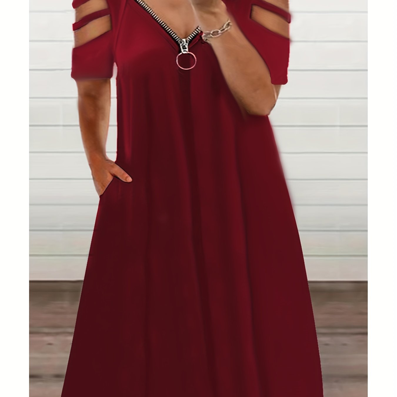 Solid Zipper Cut Out V Neck Dress With Pockets