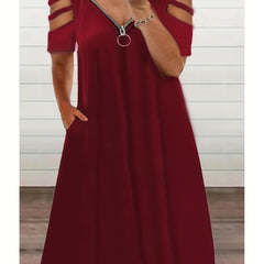 Solid Zipper Cut Out V Neck Dress With Pockets