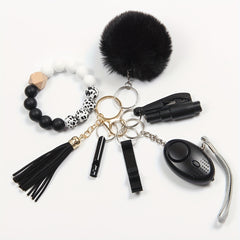 7Pcs Women's Safety Keychain Set Alarm Bracelet Tassel Pompom Breaker