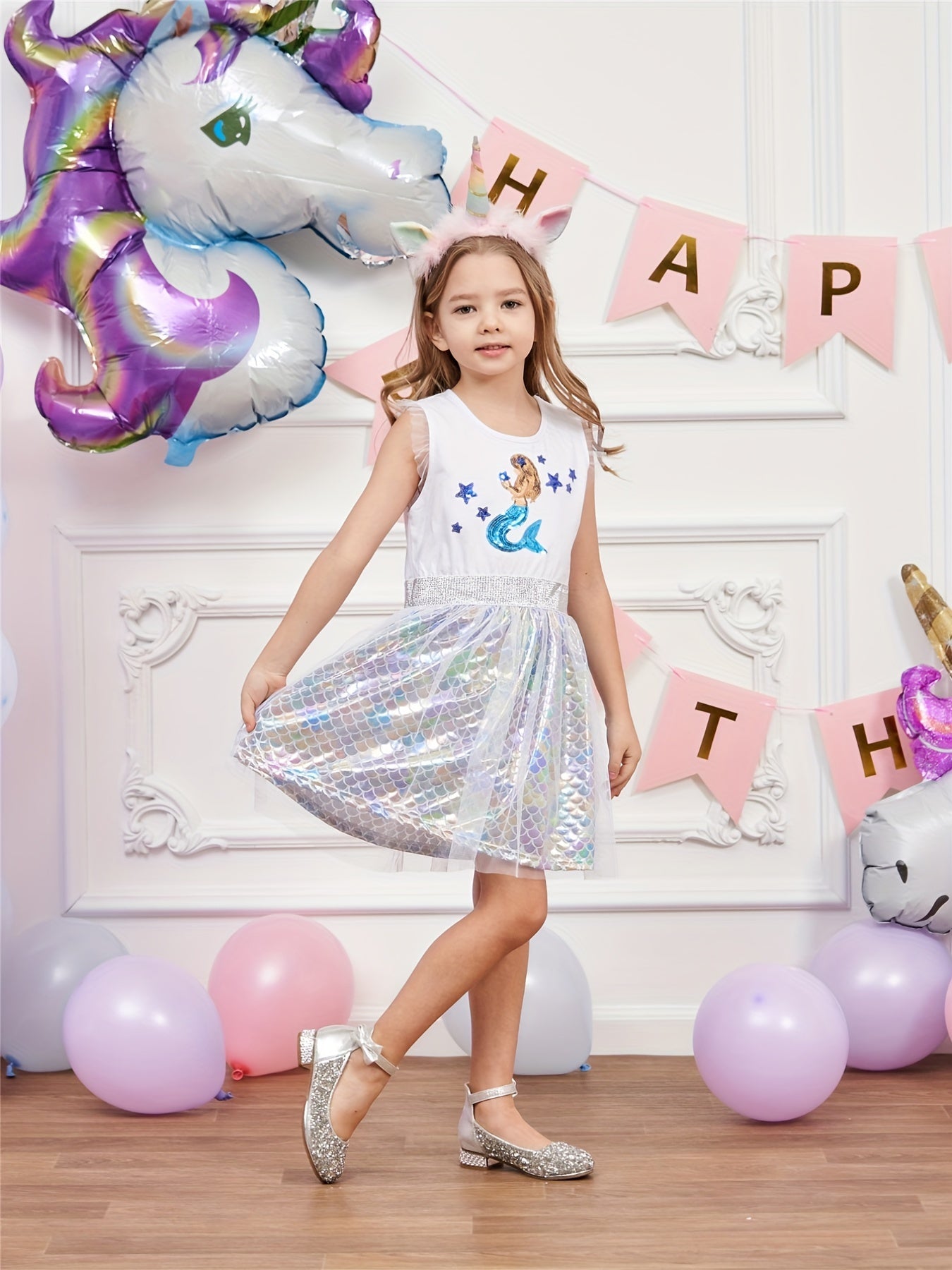 Girls Casual Cartoon Princess Dress Mermaid Sleeveless Mesh Dress