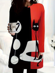 Colorblock Cat Print Long Sleeve Round Neck Dress Plus Size