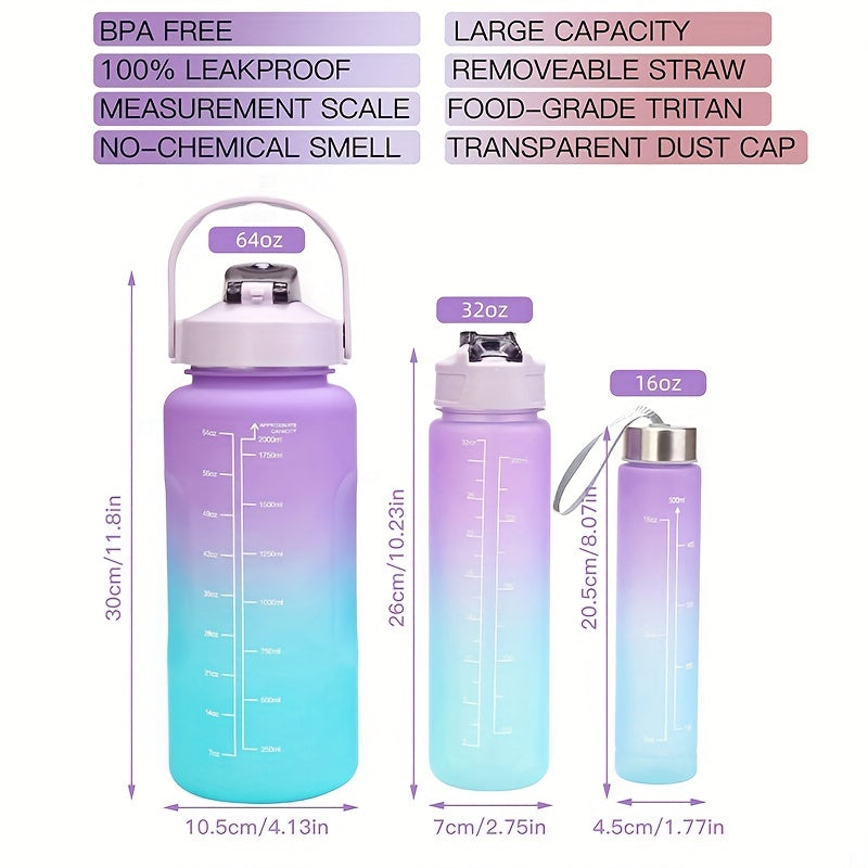 3pcs Gradient Water Bottles Shatterproof Time Marked