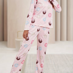 Donut Print Pajamas Set Round Neck Tee & Pants Loungewear