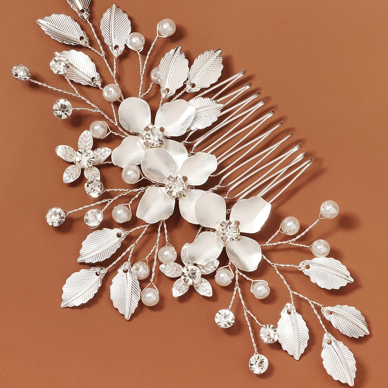 Bride Wedding Flower Hair Comb Silvery Faux Pearl Headpiece