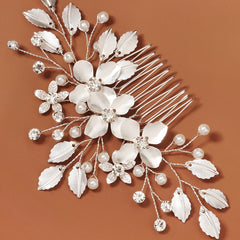 Bride Wedding Flower Hair Comb Silvery Faux Pearl Headpiece