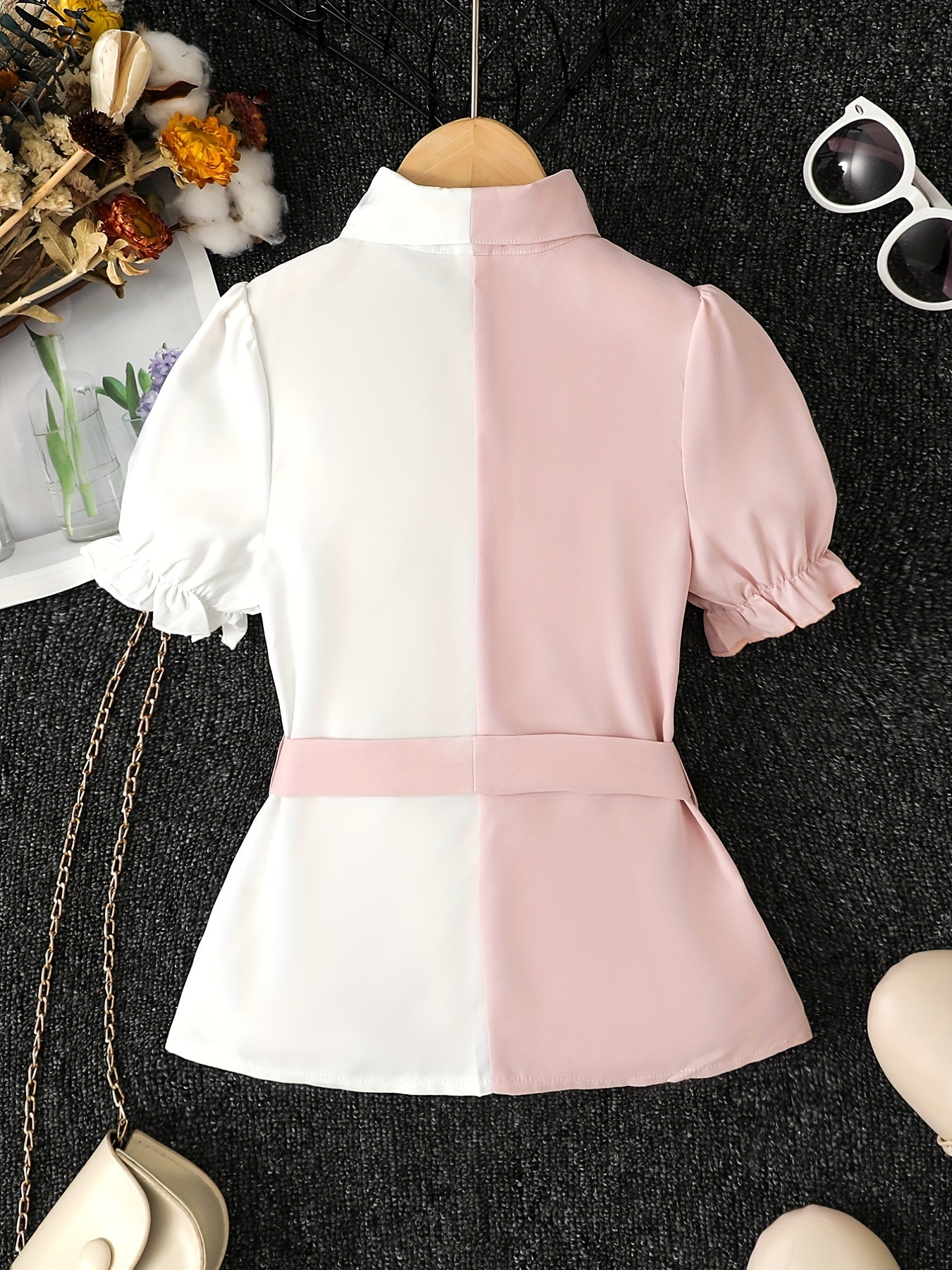 Girls Colorblock Collared Short Sleeve Blouse Tops