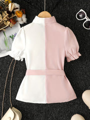 Girls Colorblock Collared Short Sleeve Blouse Tops