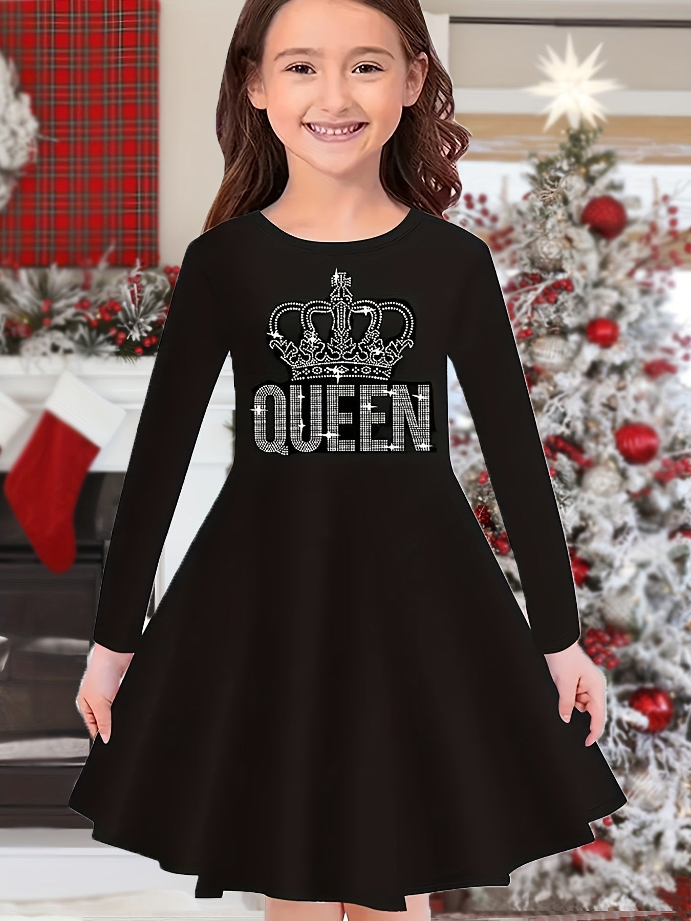 QUEEN Print Crown Graphic Long Sleeve Dress Girls Comfy Dress
