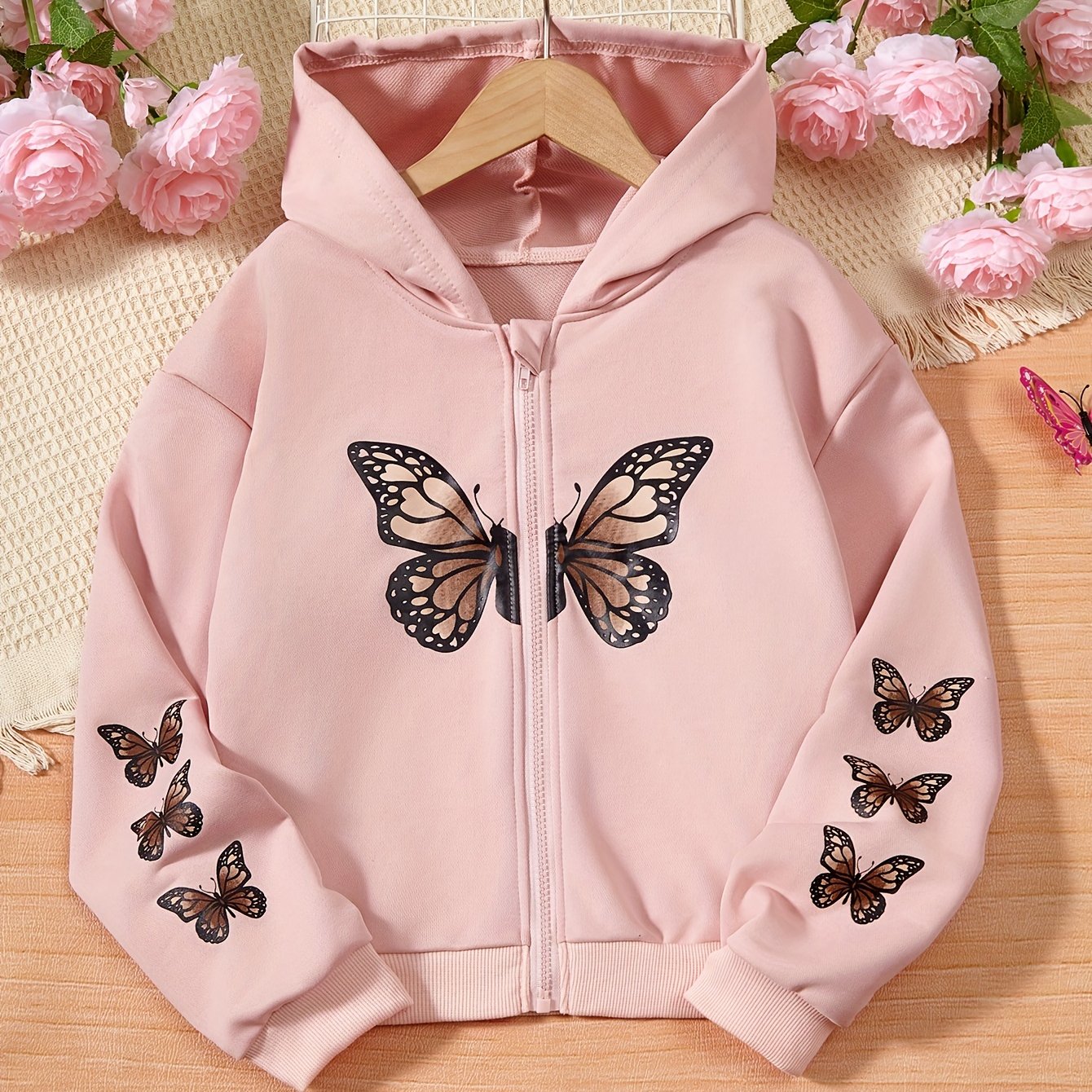 Girls' Butterfly Print Zipper Hoodie for Outdoors