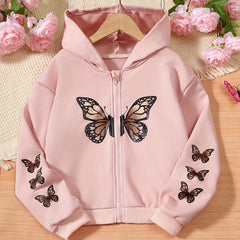 Girls' Butterfly Print Zipper Hoodie for Outdoors