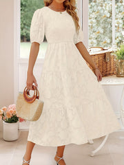 Jacquard Crew Neck Maxi Dress Ruched Short Sleeve