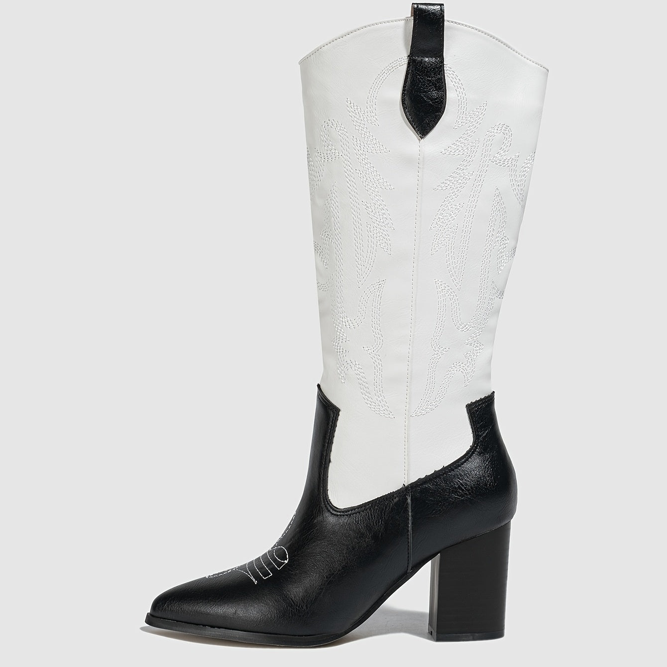 Embroidered Western Boots Point Toe Mid Calf Heel Shoes