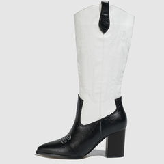 Embroidered Western Boots Point Toe Mid Calf Heel Shoes