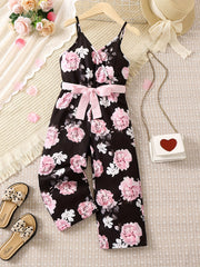 Toddler Girls Flowers Graphic Belted Cami Rompers Wide Leg Jumpsuits