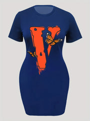Casual Dress Women's Plus Letter V & Butterfly Print Dress