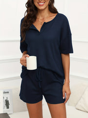 Casual Two Piece Set Short Sleeve Drop Shoulder Tops & Drawstring Shorts