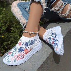Women's Floral Print Knit Slip On Sneakers Low Top Sock Shoes Breathable Running