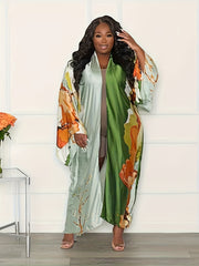 Retro Kimono Women's Plus Floral Print Batwing Sleeve Open Front Kimon