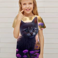 3D Cat Graphic Short Sleeve T Shirt for Girls