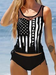 American Flag Mesh Drawstring 2 Pc Tankini Set Round Neck Stretchy Top & Bottoms