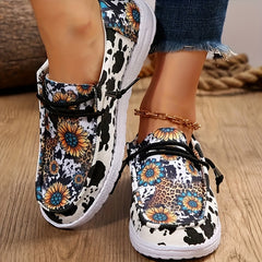 Floral & Cow Pattern Loafers Lace up Round Toe Low Top Shoes