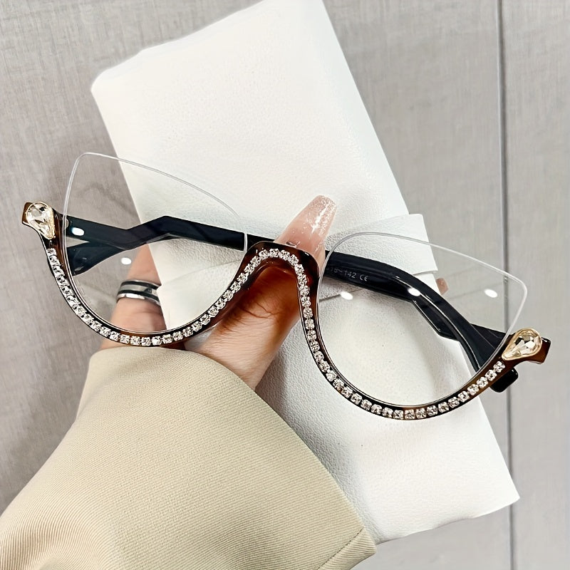 Y2K Clear Lens Rhinestone Glasses Semi Rimless Style