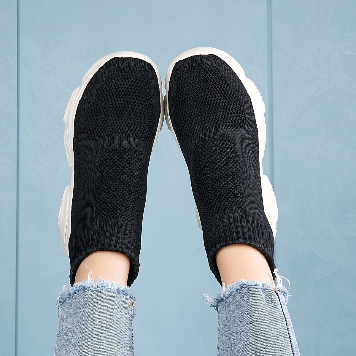 Women's High Top Knit Socks Sneakers Thick Botton Slip on Platform Shoes