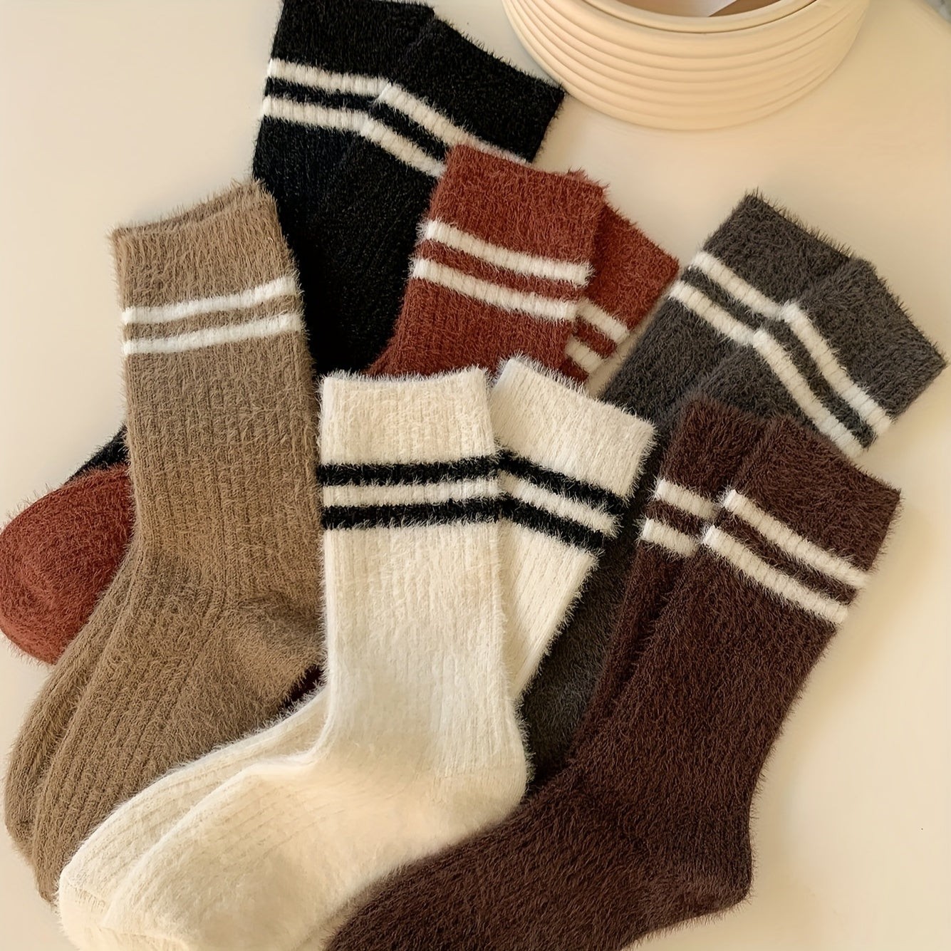 6 Pairs Striped Fuzzy Socks Mid Tube Women's Stockings