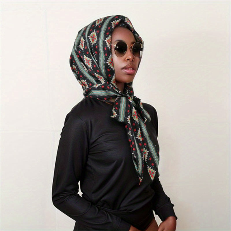 Boho Geometric Print Hijab Lace Up Head Scarf Head Wraps Soft Long Ribbon Turban
