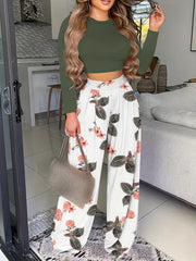 Solid Long Sleeve Tops & Floral Print Wide Leg Pants Set