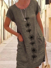 Floral Print Bat Sleeve Round Neck Stretch Dress With Pockets