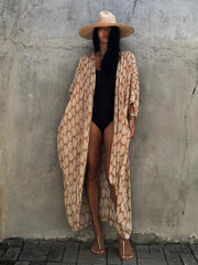 Women's Leaf Printed Beach Swimsuit Cape Cover Up Kimono Cardigan Wrap Dress