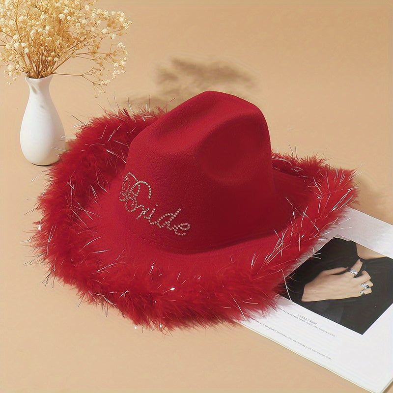 Y2K Feather Fedora Cap Rhinestone Bride Jazz Hat Hip Hop Felt Hat
