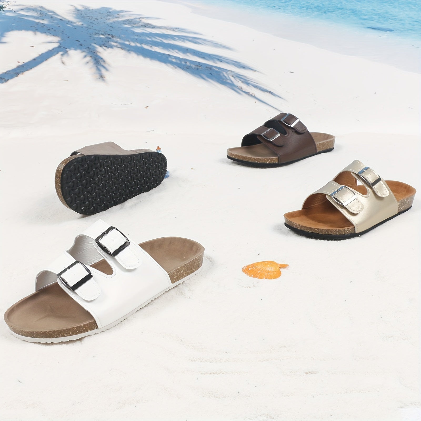 Women's Cork Footbed Slides Two Buckle Strap Non Slip Flat Shoes