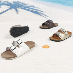 Women's Cork Footbed Slides Two Buckle Strap Non Slip Flat Shoes