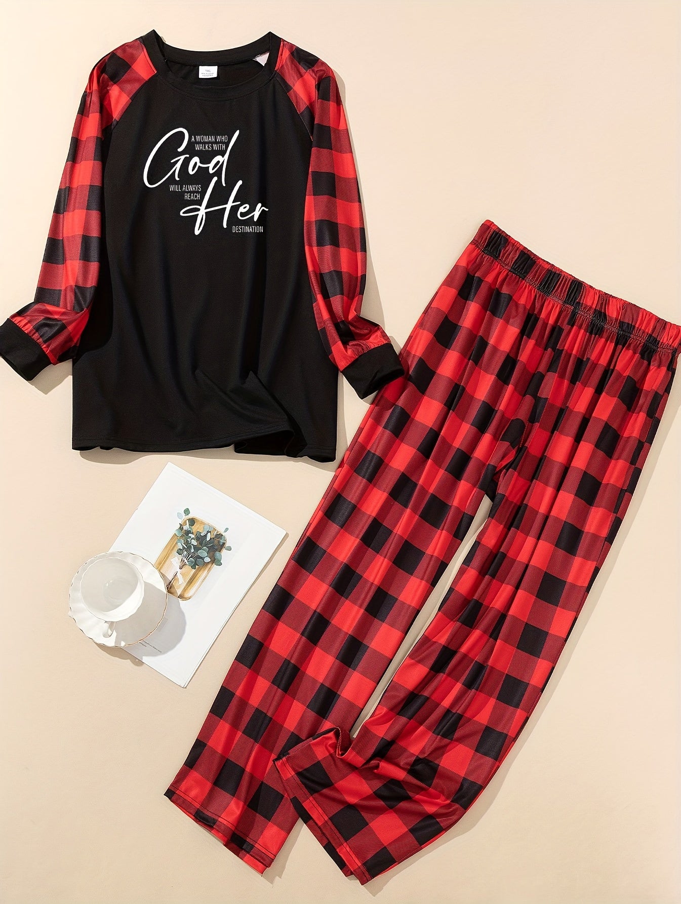 Slogan Plaid Raglan Tee & Pants Lounge Set