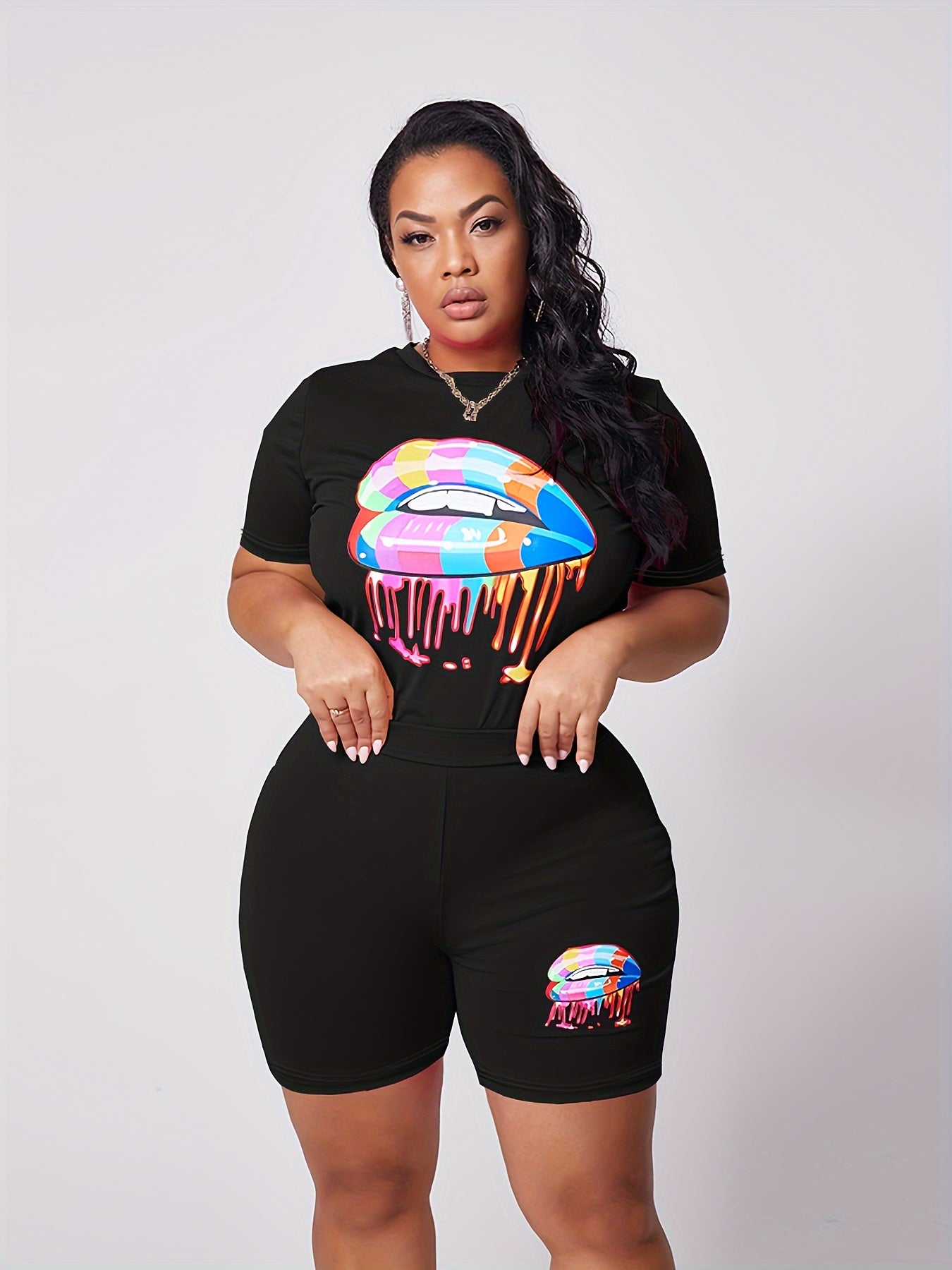 Lips Print Tee & Shorts Set Women's Activewear