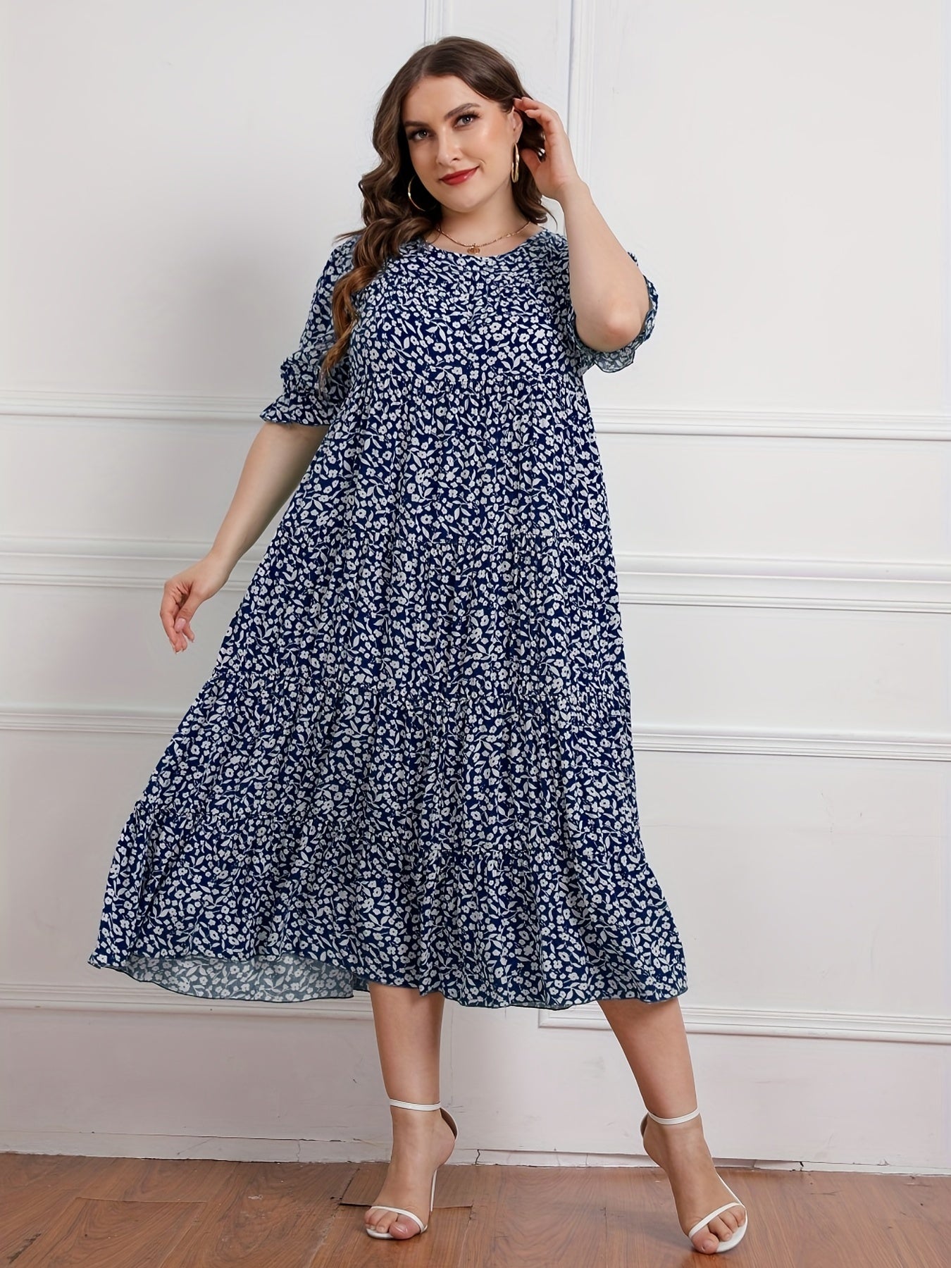 Floral Print Plus Size Maxi Dress Round Neck Long Dress