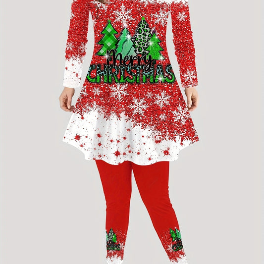 Women's Plus Christmas Tree & Snowflake Print Top & Leggings Set