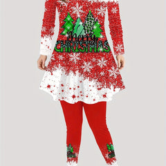 Women's Plus Christmas Tree & Snowflake Print Top & Leggings Set