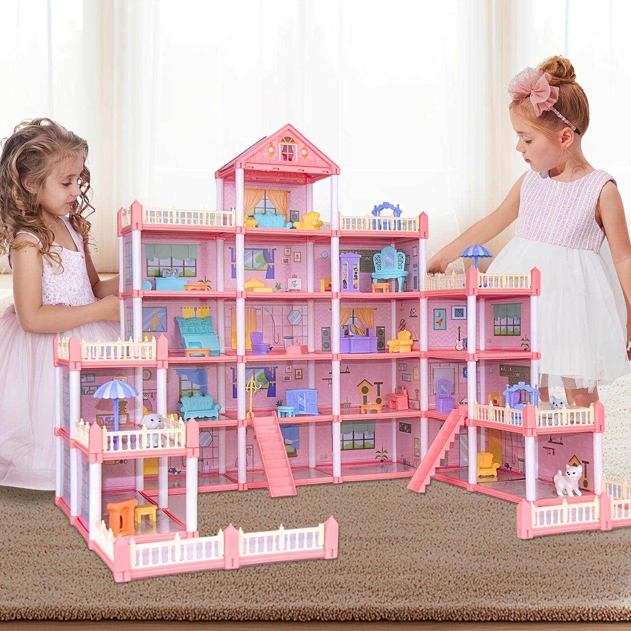 5 Story Pink Dollhouse for Girls with 27 Rooms ABS Material