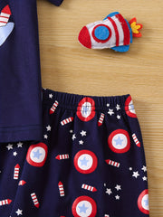 4th Of July Excavator & Rocket Print Pajamas Set Short Sleejsones Tops & Bottoms