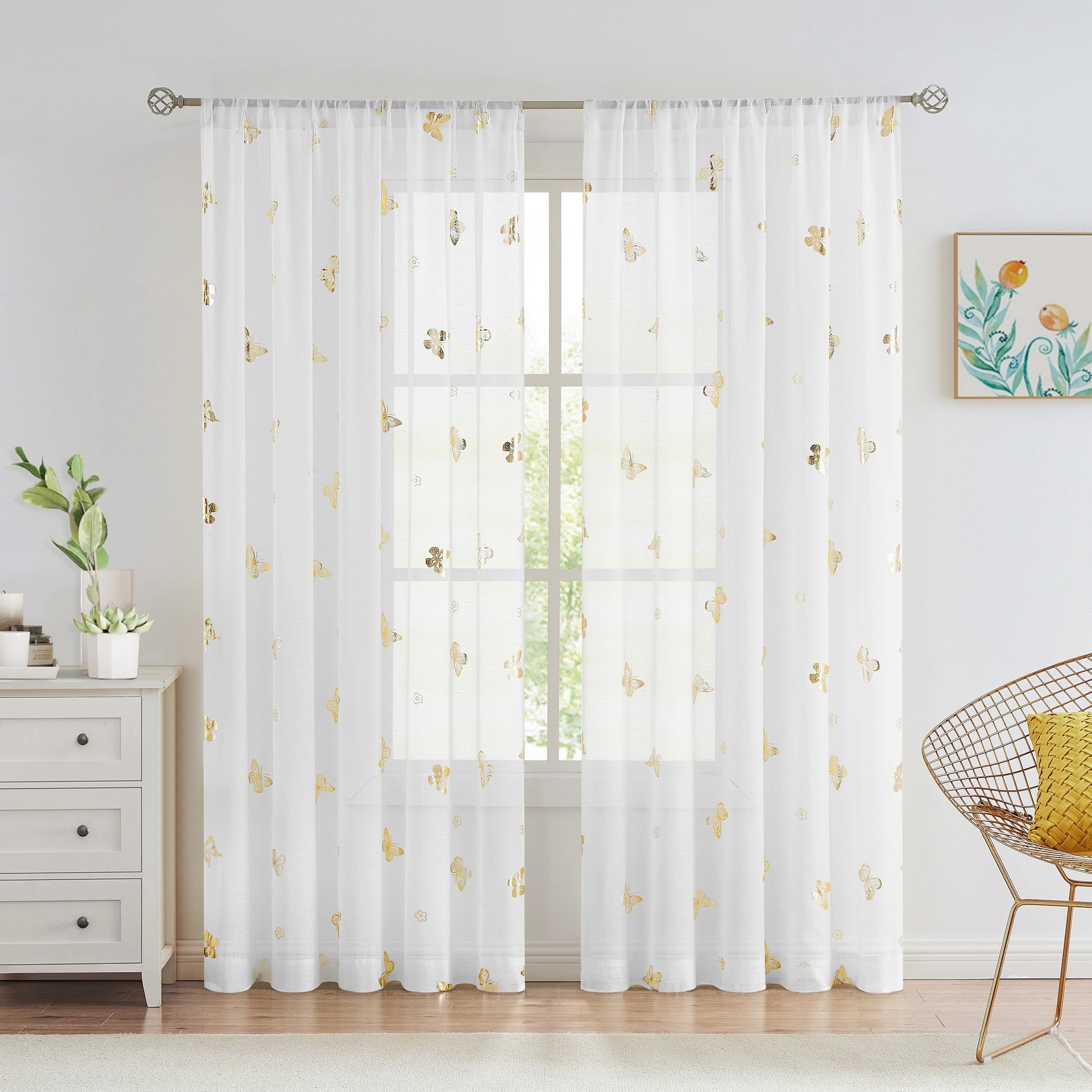 2 Panels Golden Butterfly Sheer Curtain Romantic Lovely Translucent Curtains
