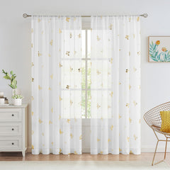 2 Panels Golden Butterfly Sheer Curtain Romantic Lovely Translucent Curtains