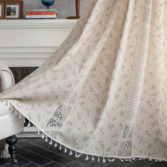Floral Lace Patchwork Drapes Semi Sheer Boho Tassel Curtain Beige