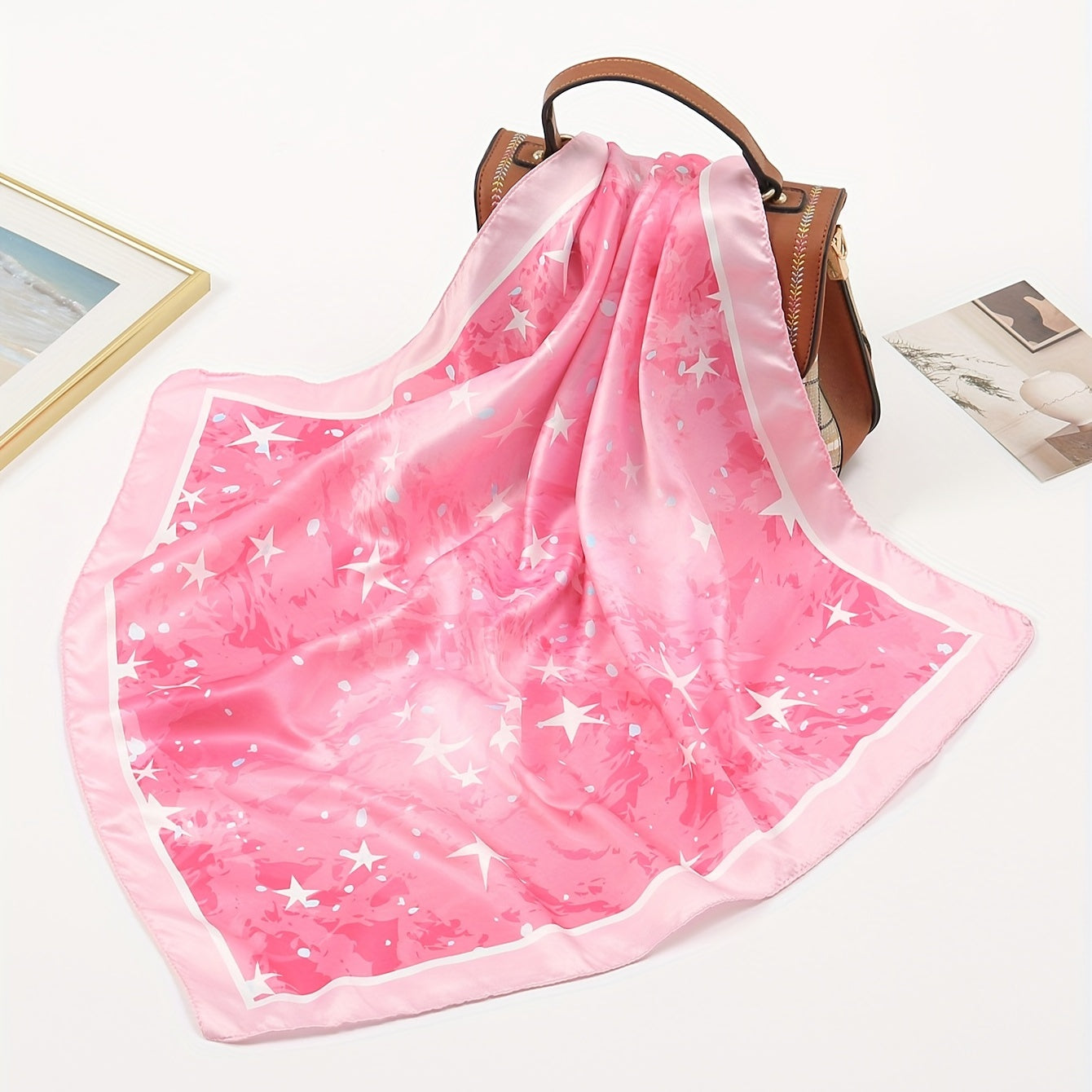 Pink Stars Print Bandana Casual Square Scarf Women Neckerchief Head Wrap