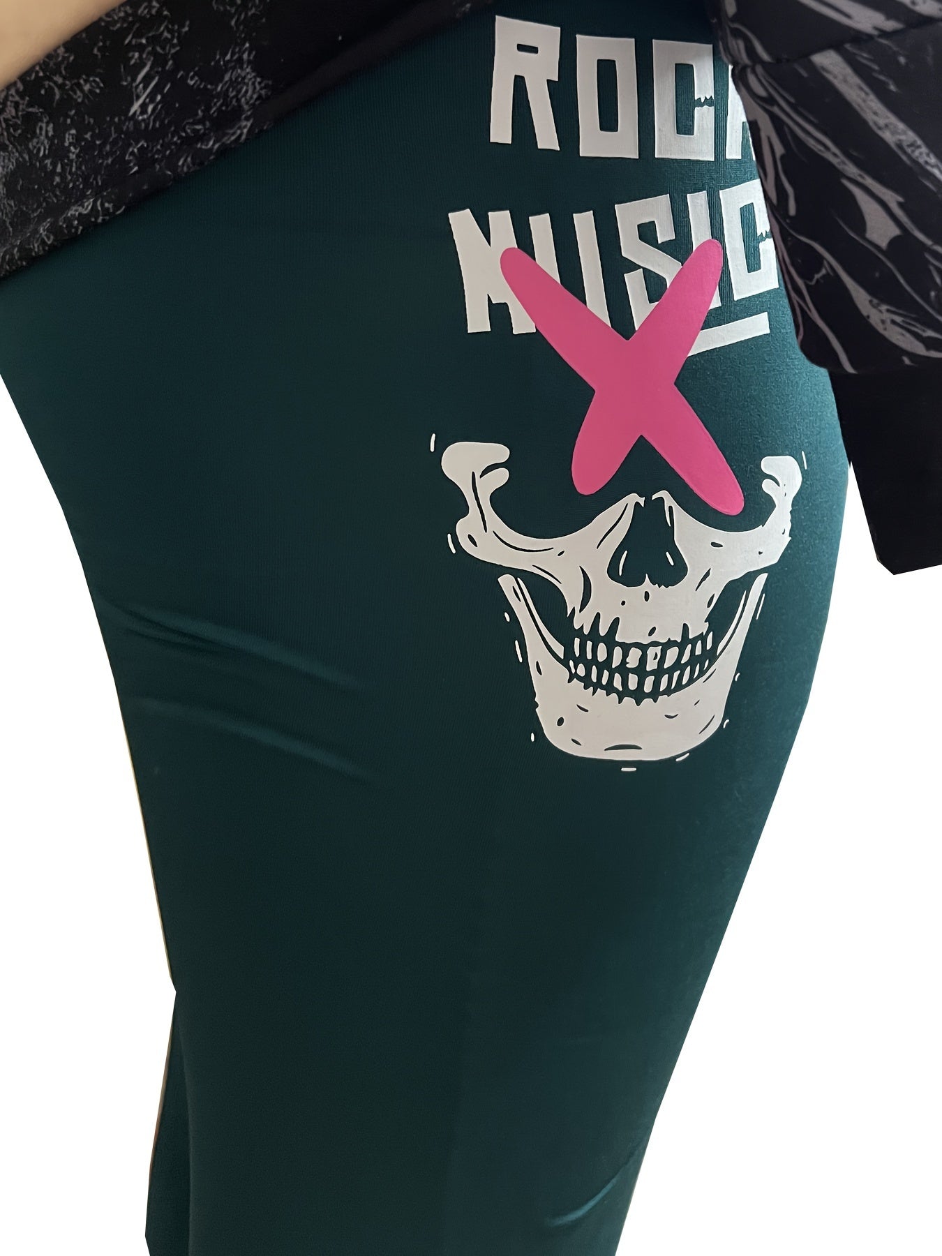 Gothic Leggings, Skull Print Wide Waistband Tummy Control Leggings