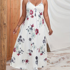 Women's Plus Floral Print V Neck Slight Stretch Cami Maxi Dress