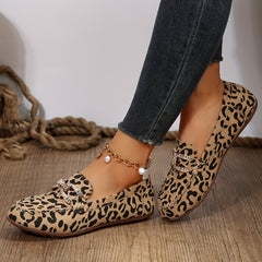 Leopard Print Flat Shoes Rhinestone Buckle Slip On Lightweight Walking Shoes