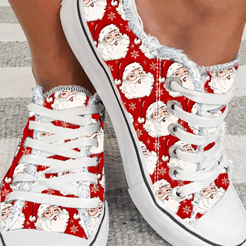 Women's Santa Claus Print Canvas Shoes Lace Up Low Top Sneakers